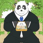 anthro bento_box black_body black_fur black_nose bottomwear clothing fur humanoid_hands kemono male outside pants shirt sitting slightly_chubby solo topwear white_body white_fur tanutronik753_k bear giant_panda mammal 1:1 2021 hi_res