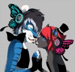 anthro blue_eyes clothing duo electronics femboy fingerless_gloves gloves handwear headphones love male male/male ribbons romantic romantic_couple urick magnet_(song) vocaloid bluerockcandy hatsune_miku megurine_luka reizo arthropod butterfly domestic_cat felid feline felis insect lepidopteran mammal pantherine tiger