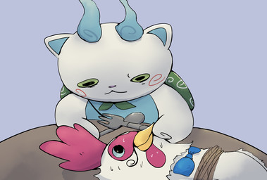 anthro backpack bag beak blue_background blue_body blue_bow blue_countershading blue_eyes blue_fur blue_inner_ear bodily_fluids countershading creepy cutlery duo fork fur green_eyes humor imminent_vore kitchen_utensils male markings mouth_closed pink_nose red_markings simple_background spoon sweat sweatdrop tools vore white_body white_fur boke_(artist) asian_mythology east_asian_mythology japanese_mythology level-5 mythology yo-kai_watch komasan avian bird canid canine canis chicken domestic_dog foo_dog galliform komainu mammal phasianid spirit yokai