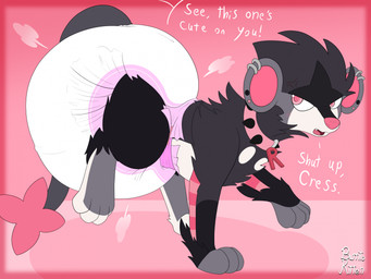 4_toes ambiguous_gender black_body black_fur blush blush_lines border circle_(marking) clean_diaper clothed clothing collar cross-popping_vein cute_fangs dialogue diaper diaper_puff ear_piercing ear_ring fangs feet feral fur grey_body grey_fur grey_tail hyper looking_at_another looking_back looking_back_at_another multicolored_body multicolored_fur offscreen_character open_mouth piercing pink_background pink_body pink_border pink_eyes pink_fur pink_inner_ear pink_nose pink_stripes ring_piercing side_view simple_background solo spiked_collar spikes striped_legs stripes tail teeth text toes walking wearing_diaper white_body white_diaper white_fur burritokitten nintendo pokemon team_rocket fan_character thunder_(sanicgamer1999) generation_4_pokemon luxray pokemon_(species) 2025 artist_name english_text full-length_portrait hi_res portrait signature female_(lore)