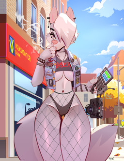 5_fingers anthro big_breasts breasts camera cigarette clothed clothed_anthro clothed_female clothing ear_piercing ear_ring eyebrow_piercing eyebrow_ring facial_piercing female fingers fishnet_clothing fishnet_legwear fur grey_body grey_fur hair humanoid_hands jacket legwear navel piercing pink_nose ring_piercing small_waist solo tail thick_thighs thigh_gap thong topwear under_boob underwear white_hair hinget erika_klein canid canine canis mammal wolf absurd_res hi_res
