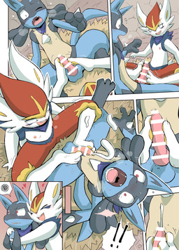 ambiguous_gender animal_genitalia animal_penis anthro biped blue_tail canine_genitalia canine_penis duo ejaculation erection feet foot_fetish foot_play footjob fur genitals heart_symbol knot male one_eye_closed penis sex sheath tail tan_body tan_fur teeth tongue yamatokuroko965 nintendo pokemon cinderace generation_4_pokemon generation_8_pokemon lucario pokemon_(species) absurd_res hi_res