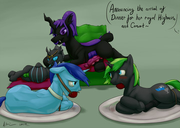 animal_genitalia animal_penis apple_gag ball_gag black_body blue_body blue_eyes blue_tongue equine_genitalia equine_penis food_gag gag genitals group horn licking licking_lips male penis purple_eyes purple_tongue tongue tongue_out doesnotexist friendship_is_magic hasbro my_little_pony mythology arthropod changeling_(mlp) equid equine mammal mythological_creature mythological_equine unicorn digital_media_(artwork) hi_res