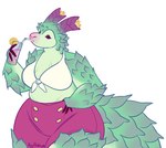 anthro beverage biped bottomwear breasts button_(fastener) clothed clothing drinking fancy_drink female green_body horn non-mammal_breasts scales solo tail topwear boypretties mythology dragon mythological_creature mythological_scalie scalie absurd_res hi_res