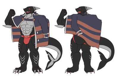 3_toes anthro barazoku black_body claws clothed clothing coat coat_cape dorsal_fin dorsal_fin_scar feet fin fin_scar grey_body grey_lines jacket jockstrap jockstrap_only male multicolored_body muscular muscular_male pectoral_fin scar tail tail_fin tail_fin_scar tail_scar toes topless topwear underwear underwear_only haha-yea negashark aquatic fish shark 2026 hi_res model_sheet
