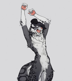 anthro arm_tuft claws clothing elbow_tuft finger_claws fur grey_body grey_fur hair hat hat_only headgear headgear_only headwear headwear_only leopard_spots male mostly_nude neck_tuft open_mouth solo spots stretching teeth top_hat tuft white_body white_fur yawn stira felid mammal pantherine snow_leopard 2026 digital_media_(artwork) hi_res portrait three-quarter_portrait