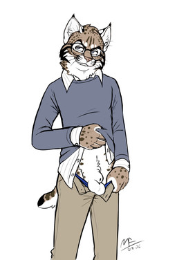 animal_genitalia anthro balls bottomwear clothed clothing clothing_lift ear_tuft eyewear fangs genitals glasses grin male open_bottomwear open_clothing open_pants pants sheath shirt shirt_lift smile solo teeth topwear tuft whiskers moodyferret jasper_kinney bobcat felid feline lynx mammal 2026