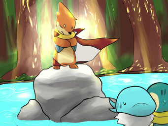 ambiguous_gender anthro biped black_nose bodily_fluids cape clothing crossed_arms day eyes_closed forest group looking_at_another mouth_closed outside paws plant pose rock standing sweat sweatdrop tree trio water whiskers sawlamander nintendo pokemon buizel cyndaquil generation_2_pokemon generation_4_pokemon generation_9_pokemon pokemon_(species) quaxly 2025 4:3 animated short_playtime