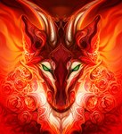 fur green_eyes horn looking_at_viewer red_body red_fur solo safiru mythology dragon furred_dragon furred_scalie mythological_creature mythological_scalie scalie 2022 digital_media_(artwork) headshot_portrait hi_res portrait