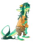 amber_blade_jones ambiguous_gender anthro belt claws clothed clothing clover_(plant) dragon green_body green_hair green_scales hair hi_res horn long_neck mythological_creature mythological_scalie mythology plant rope rope_belt scales scalie semi-anthro simple_background solo sweater tail tail_tuft topwear tuft turtleneck white_background yellow_eyes