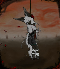 5_fingers anthro bandage bandaged_leg blurred_background branch clothing death fingers flower fur gore grey_body grey_fur hair hanged hanging_from_branch inner_ear_fluff long_ears long_hair male messy_hair petals plant red_sky rope rose_(flower) rose_petals simple_background sky solo suicide thorns tuft white_hair wound_on_arm wounded malevolentfluff felid feline humanoid mammal shaded simple_shading