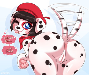 anus beret blep blue_eyes butt clothing dialogue eye_patch_(marking) eyebrows eyelashes facial_markings female female_feral feral feralized genitals hat head_markings headgear headwear heart_eyes heart_pupils heart_symbol humanoid_genitalia humanoid_genitalia_on_feral humanoid_vulva humanoid_vulva_on_feral kerchief looking_at_viewer looking_back looking_back_at_viewer markings neckerchief neckwear one_eye_closed patch_(marking) pawpads solo spots spotted_body tail tail_motion tailwag text thought_bubble tongue tongue_out vulva wink winking_at_viewer alfa995 colette_(alfa995) canid canine canis dalmatian domestic_dog mammal 2026 english_text