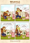 anthro aunty_pinky canid canine canis cc0 clothing comic creative_commons dialogue dress duo ear_piercing ear_ring female fence hi_res male mammal money patch_(fabric) piercing piti_yindee public_domain ring_piercing wolf wuffle wuffle_(webcomic)