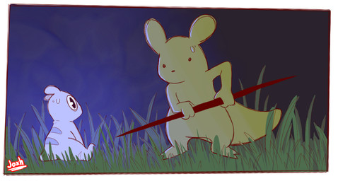 ambiguous_gender bleak_ambiance bodily_fluids duo feral glowing grass melee_weapon nude plant polearm semi-anthro simple_background spear tail text weapon yellow_body conditional_dnp joxh rain_world videocult monk_(rain_world) canid canine lantern_mouse_(rain_world) mammal slugcat artist_name digital_media_(artwork) shaded