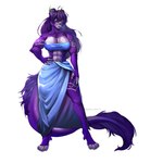 anthro big_breasts bottomwear breasts clothing ear_piercing female fur horn industrial_piercing lime_eyes muscular muscular_anthro piercing purple_body purple_fur skirt solo topwear tube_top galdway iris_grim canid canine canis felid lycafel mammal prehistoric_species saber-toothed_tiger wolf absurd_res hi_res