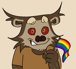 anthro biped brown_body brown_clothing brown_fur brown_shirt brown_topwear clothing flag flag_(object) fur grey_body grey_fur holding_flag holding_object lgbt_pride looking_at_viewer male orange_eyes pride_colors red_sclera shirt solo topwear ganii ganii_(character) binturong mammal viverrid 2024 icon