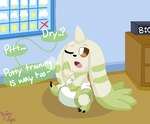 ambiguous_gender breath brown_eyes calendar clock clothed clothing cocky dialogue diaper imminent_feces imminent_scat one_eye_closed open_mouth raised_leg semi-anthro solo wearing_diaper fairyfudge bandai_namco digimon digimon_(species) terriermon digital_media_(artwork) signature