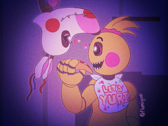 5_fingers anthro backwards_hand beakless bent_arm black_eyebrows black_nose black_sclera blonde_hair bow_tie cheek_spots closed_smile duo eye_contact eyebrows eyelashes facial_markings feather_hair feathers female female/female female_anthro fingers food glowing glowing_eyes hair head_markings heart_symbol holding_food holding_object holding_pizza inside light lips looking_at_another machine markings mouth_closed noseless open_mouth open_smile pink_bow_tie pink_hair_tie pink_inner_ear pink_markings pizza pizza_slice pseudo_hair purple_wall red_lips sharp_teeth smile smiling_at_another smiling_at_each_other standing teeth text text_on_bib upside_down wall_(structure) white_bib white_body white_eyes wire yellow_body flamigoat five_nights_at_freddy's five_nights_at_freddy's_2 scottgames mangle_(fnaf) toy_chica_(fnaf) animatronic avian bird canid canine chicken fox galliform mammal phasianid robot 2025 artist_name colored digital_drawing_(artwork) digital_media_(artwork) english_description english_text hi_res lighting shaded