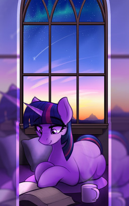 book container cup female feral horn mug pillow reading shooting_star sky smile solo star starry_sky steam sunset window czu friendship_is_magic hasbro my_little_pony mythology twilight_sparkle_(mlp) equid equine mammal mythological_creature mythological_equine unicorn absurd_res hi_res