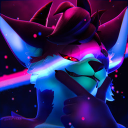 2_horns ambiguous_gender anthro areola bisexual_pride_colors black_horn claws fur hair half-closed_eyes horn inner_ear_fluff lgbt_pride looking_at_viewer narrowed_eyes particles pride_colors purple_body purple_fur red_areola red_sclera short_hair smile smiling_at_viewer smug solo teal_body teal_fur tuft jizzyfox smashingrenders_(modeler) lgbt_pride_month jizzy_fox_(jizzyfox) canid canine demon fox mammal 1:1 2026 3d_(artwork) absurd_res bust_portrait digital_media_(artwork) hi_res portrait watermark