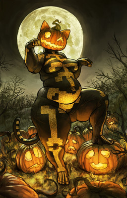 anthro belly big_belly breasts clothed clothing costume detailed_background female food for_a_head forest forest_background fruit glistening glistening_body glistening_breasts glowing glowing_eyes glowing_mouth jack-o'-lantern moon nature nature_background night outside overweight overweight_female paw_pose plant pose pumpkin pumpkin_head skeleton_costume skinsuit sky slightly_chubby slightly_chubby_female solo thick_thighs tight_clothing tree cettus epic_games fortnite spice_(fortnite) felid feline mammal object_head 2025 absurd_res hi_res