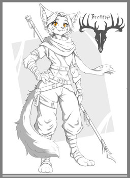 adventurer anthro belt belt_buckle belt_pouch biped border bottomwear buckle cheek_tuft claws clothed clothing daedric_runes facial_tuft fangs female fluffy fluffy_ears fluffy_tail front_view fur grey_border hair holding_object orange_eyes pants paws scarf shirt simple_background smile solo staff standing tail teeth text topwear tuft weapon hornyskull_(artist) bethesda_game_studios microsoft the_elder_scrolls ajiira felid khajiit mammal hi_res translated