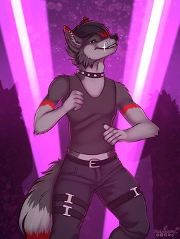anthro bangs blurred_background choker clothing clubhouse dancefloor dancing green_eyes jewelry lightshow low-angle_view male necklace shirt slim solo tank_top topwear xleb0rezka canid canine canis mammal wolf 3:4 hi_res