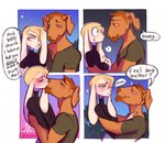 4_panel_comic anthro blonde_hair blush blush_lines boyfriends brown_body brown_fur canid canine canis cheek_tuft chin_tuft clothing dialogue domestic_dog duo english_text eyes_closed facial_tuft femboy floppy_ears fur hair half-closed_eyes heresvix kissing lagomorph leporid male mammal narrowed_eyes rabbit shirt speech_bubble sweater t-shirt text topwear tuft turtleneck white_body white_fur wide_eyed