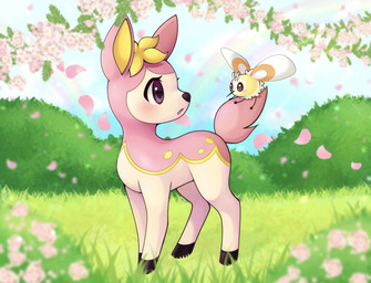 ambiguous_feral ambiguous_gender blue_sky blush day detailed_background duo eye_contact eyelashes feral flower glistening glistening_eyes grass head_turned hooves larger_ambiguous larger_feral looking_at_another markings open_mouth outside petals pink_body pink_ears pink_tail plant proboscis_(anatomy) purple_eyes quadruped rainbow shrub size_difference sky smaller_ambiguous smaller_feral snout standing stick_legs stick_limbs tail tan_body unguligrade white_sclera white_wings wing_markings wings yellow_body yellow_inner_ear 4chan_anon unknown_artist nintendo pokemon cutiefly deerling generation_5_pokemon generation_7_pokemon pokemon_(species) spring_deerling 2022 absurd_res digital_media_(artwork) hi_res shaded soft_shading