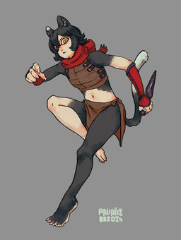 action_pose armor barefoot black_hair bottomwear bracers clothing feet female hair holding_object holding_weapon kunai leg_markings light_body light_skin loincloth long_tail markings midriff multicolored_body multicolored_skin pointy_ears pose scarf short_hair socks_(marking) solo tail topwear two_tone_body two_tone_skin vest weapon yellow_eyes pavanz delicious_in_dungeon izutsumi_(delicious_in_dungeon) animal_humanoid felid felid_humanoid feline feline_humanoid humanoid mammal mammal_humanoid absurd_res digital_media_(artwork) hi_res