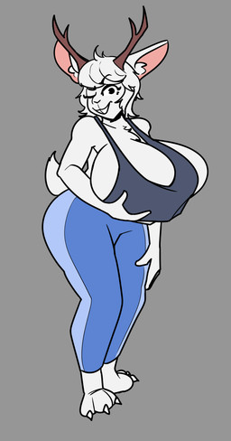 anthro antlers big_breasts bottomwear breasts cleavage cleavage_overflow clothed clothing female fur fur_tuft hand_on_leg hand_on_thigh holding_breast horn huge_breasts looking_at_viewer one_eye_closed pants shirt smile solo standing tank_top topwear tuft wink yoga_pants empskit jackalope lagomorph leporid mammal rabbit character_request hi_res