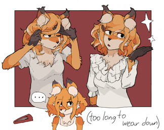 accessory adjusting_hair anthro biped black_eyes black_hands breasts clothing female fluffy fluffy_ears hair hair_accessory hairclip long_hair multicolored_body orange_body orange_hair shirt simple_background solo standing topwear two_tone_body white_body white_clothing white_shirt white_topwear hhonchkrow234 hibiscus_(hhonchkrow234) canid canine fox mammal hi_res