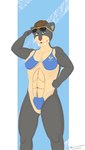abs anthro bikini biped blue_bikini blue_clothing blue_eyes blue_swimwear breasts brown_hair camel_toe clothed clothed_anthro clothed_female clothing eyewear female fingers fist front_view fur grey_body grey_fur hair humanoid_hands looking_at_viewer medium_breasts muscular muscular_anthro muscular_female navel pose raised_arm simple_background skimpy solo standing sunglasses swimwear tan_body tan_fur text two-piece_swimsuit nugget_(artist) yuri_(nugget) felid mammal prehistoric_species saber-toothed_tiger artist_name colored dated hi_res portrait three-quarter_portrait