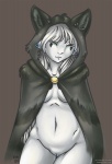 black_body black_fur blue_eyes bottomless breasts clasp clothed clothing costume female fur fursuit genitals hair horn open_clothing open_shirt open_topwear pussy shirt solo text topwear white_hair wolf's_clothing wolf_cloak wolf_costume morningstar_(artist) giselle canid canine humanoid mammal 2009 artist_name dated signature url