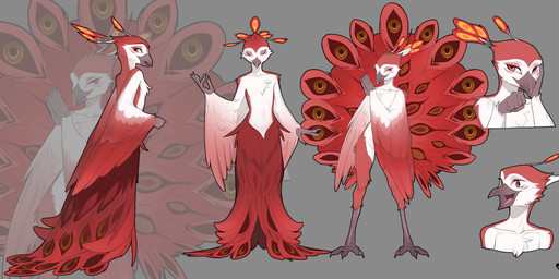 accessory anthro beak feather_in_hair feathers female fur hair hair_accessory loose_feather meditation multicolored_body nude nude_anthro nude_female open_beak open_mouth raised_tail red_body red_fur simple_background smile smile_at_viewer solo standing tail sonofan avian bird absurd_res hi_res model_sheet