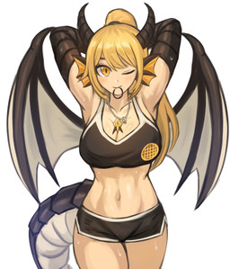 black_bottomwear black_clothing black_topwear blonde_hair blush bodily_fluids body_blush bottomwear breast_blush breasts clothing dolphin_shorts female hair hair_tie_in_mouth horn long_hair looking_at_viewer monster_girl_(genre) muscular muscular_female navel one_eye_closed ponytail scales scaly_tail shorts simple_background solo sweat sweatdrop sweaty_armpit sweaty_chest sweaty_legs sweaty_thighs tail thick_tail thick_thighs topwear white_background wings wink winking_at_viewer yellow_eyes sookmo monster_girl_encyclopedia dragon_(mge) animal_humanoid aquatic aquatic_humanoid fish fish_humanoid humanoid 2025 absurd_res digital_media_(artwork) hi_res