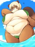 anthro belly big_breasts blue_sky blush breasts brown_body brown_fur clothed clothing cloud curvy_figure day deep_navel dipstick_ears dipstick_tail ear_markings eyebrow_through_hair eyebrows female front_view fur hair hand_behind_head kemono leaf looking_down low-angle_view markings multicolored_body multicolored_ears multicolored_fur multicolored_tail navel nipple_outline outside overweight overweight_anthro overweight_female partially_submerged question_mark skimpy sky solo standing tail tail_markings tan_body tan_fur tan_hair translucent translucent_hair water akitaka canid canine mammal raccoon_dog tanuki digital_media_(artwork) hi_res