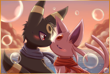 ambiguous_gender blush bodily_fluids bubble duo eyes_closed feral japanese kissing outside red_eyes scarf sea sunset sweat water ivan-jhang nintendo pokemon pokemon_mystery_dungeon spike_chunsoft canid canine eeveelution espeon generation_2_pokemon mammal pokemon_(species) umbreon hi_res