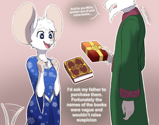 anthro big_ears blue_clothing blue_dress blue_eyes book buckteeth clothing dress female female_anthro fur gift gift_wrapped green_clothing green_robe jewelry male male_anthro necklace robe star_eyes starry_eyes tail tail_motion tailwag teeth white_body white_fur yaravik mirin_(yaravik) mammal mouse murid murine rodent 2025 hi_res daughter_(lore) father_(lore) father_and_child_(lore) father_and_daughter_(lore) parent_(lore) parent_and_child_(lore) parent_and_daughter_(lore)
