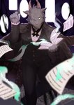 anthro black_body black_fur book butler clothing eyeliner fur horn makeup male solo suit manzanaringopai lifewonders tokyo_afterschool_summoners mephistopheles_(tas) bovid caprine goat mammal absurd_res hi_res