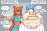 belly big_belly big_breasts blue_hair bodily_fluids breasts cleavage clothed clothing dark_body dark_skin dialogue dream duo eyes_closed female green_eyes hair huge_breasts inner_monologue midriff morbidly_obese morbidly_obese_female morbidly_obese_humanoid obese obese_female obese_humanoid orange_hair overweight overweight_female overweight_humanoid speech_bubble sweat text weight_gain wide_hips pixiveo myu_(pixiveo) zina_(pixiveo) animal_humanoid canid canid_humanoid canine canine_humanoid cat_humanoid felid felid_humanoid feline feline_humanoid fox_humanoid humanoid mammal mammal_humanoid 3:2 comic english_text