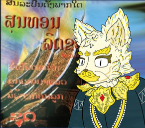 ambiguous_gender anthro black_eyes black_outline blonde_eyebrows blue_clothing brown_eyelashes brown_nose building clothed clothed_ambiguous clothed_anthro clothing eyebrows eyelashes fully_clothed fully_clothed_anthro fur gem gold_(metal) gold_jewelry gold_neckwear inner_ear_fluff jewelry mouth_closed neckwear ornate_clothing outline photo_background red_gem red_text rooftop solo text thailand topwear tuft wall_(structure) whiskers white_sclera yellow_body yellow_fur yellow_head_tuft yellow_inner_ear yellow_inner_ear_fluff yixinplaykhaen felid feline mammal digital_drawing_(artwork) digital_media_(artwork) headshot_portrait mixed_media photo_manipulation photography_(artwork) portrait source_request thai_text