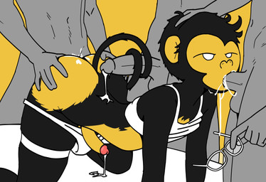 anthro bodily_fluids clothed clothing cum cum_dripping_from_penis cum_in_ass cum_in_mouth cum_inside eyewear femboy genital_fluids genitals glasses humanoid_genitalia humanoid_penis male male/male partially_clothed penis shirt tank_top topwear underwear underwear_down fake_foxy monkey_papas haplorhine mammal monkey primate
