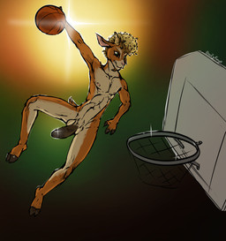 2_toes 3_fingers anthro athletic athletic_anthro athletic_male ball balls basketball basketball_(ball) basketball_hoop blonde_hair brown_glans brown_penis facial_hair feet fingers genitals glans glistening glistening_eyes goatee hair hooves horn humanoid_genitalia humanoid_penis male nipples nude nude_anthro nude_male penis slim slim_anthro slim_male solo tan_balls toes bootyforge goat_(movie) sony_corporation sony_pictures will_harris bovid caprine goat mammal hi_res