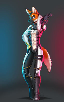 5_fingers abs anthro armor athletic athletic_anthro athletic_female biped black_hair breasts brown_body brown_fur brown_tail clothed clothed_anthro clothing female fingers front_view fur gun hair holding_gun holding_object holding_ranged_weapon holding_weapon looking_at_viewer navel open_clothing pubes purple_eyes ranged_weapon rifle simple_background smile solo standing tail weapon mykegreywolf bioware electronic_arts mass_effect canid canine mammal maned_wolf 2025 5:8 absurd_res digital_drawing_(artwork) digital_media_(artwork) hi_res