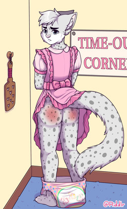 ageplay anthro blue_eyes butt cheek_tuft clothed clothing crossdressing diaper dress facial_tuft fur glistening glistening_eyes grey_body grey_fur grey_hair grumpy hair infantilism inner_ear_fluff male male_anthro markings paddle pink_clothing pink_diaper pink_dress punishment rear_view reddened_butt roleplay short_hair solo spots spotted_arms spotted_legs spotted_markings spotted_tail standing tail tail_markings tuft white_body white_diaper white_fur white_inner_ear_fluff riddlr tykables tykables_unicorns felid mammal pantherine snow_leopard absurd_res hi_res