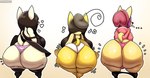 anthro big_butt black_hair butt canid canine canis chihuahua clothing domestic_dog female gabriel_(thedeathcrow05) group hair hat headgear headwear hello_kitty_(character) hello_kitty_(series) hi_res huge_butt jacket lilith_(thedeathcrow05) male mammal melanie_(thedeathcrow05) overweight overweight_anthro overweight_male panties purple_hair rear_view sanrio short_stack tail thedeathcrow05 thick_thighs thong topwear toy_dog trio underwear white_body yellow_body