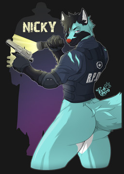 anthro athletic big_butt black_body black_ears black_fur black_hair blue_body blue_clothing blue_fur butt cheek_tuft clothing desert_eagle facial_tuft flashlight fluffy fluffy_ears fluffy_tail fur fuzzy grey_eyes gun hair handgun heterochromia male mohawk muscular muscular_anthro muscular_male muscular_thighs pistol police police_uniform purple_eyes ranged_weapon rear_view red_nose solo standing tail toned_body toned_male tuft uniform weapon white_body white_fur wide_hips pechensen capcom resident_evil nicolas_delgado canid canine canis coyote domestic_dog fox german_shepherd herding_dog husky hybrid mammal maned_wolf nordic_sled_dog pastoral_dog spitz absurd_res hi_res