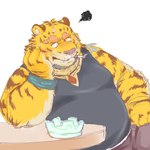 anthro belly big_belly bottomwear clothing humanoid_hands kemono male overweight overweight_male pants shirt sitting smoking solo topwear furipon felid mammal pantherine tiger 1:1 2023 absurd_res hi_res