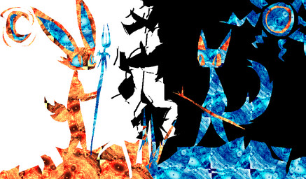 ambiguous_gender anthro blue_body duo holding_object holding_staff moon orange_body staff sun surrealism textured naircat domestic_cat felid feline felis lagomorph leporid mammal rabbit 2012 digital_drawing_(artwork) digital_media_(artwork)